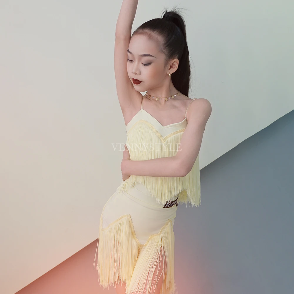 Vennystyle الفتيات اللاتينية ملابس رقص الأصفر هامش الأداء المهني الزي الربيع الصيف تصميم جديد الاطفال ممارسة ارتداء