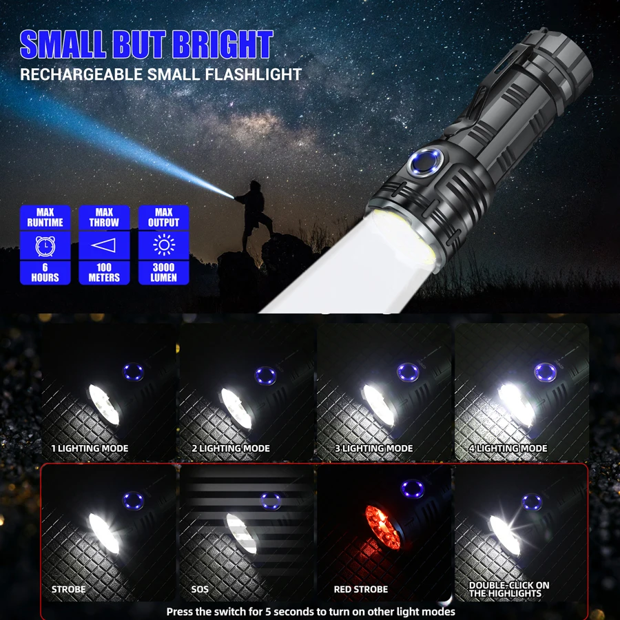 New LED Octagon Flashlight Super Bright Waterproof Outdoor Household Portable High-Power Long Life Pen Clamp Metal Cap Light