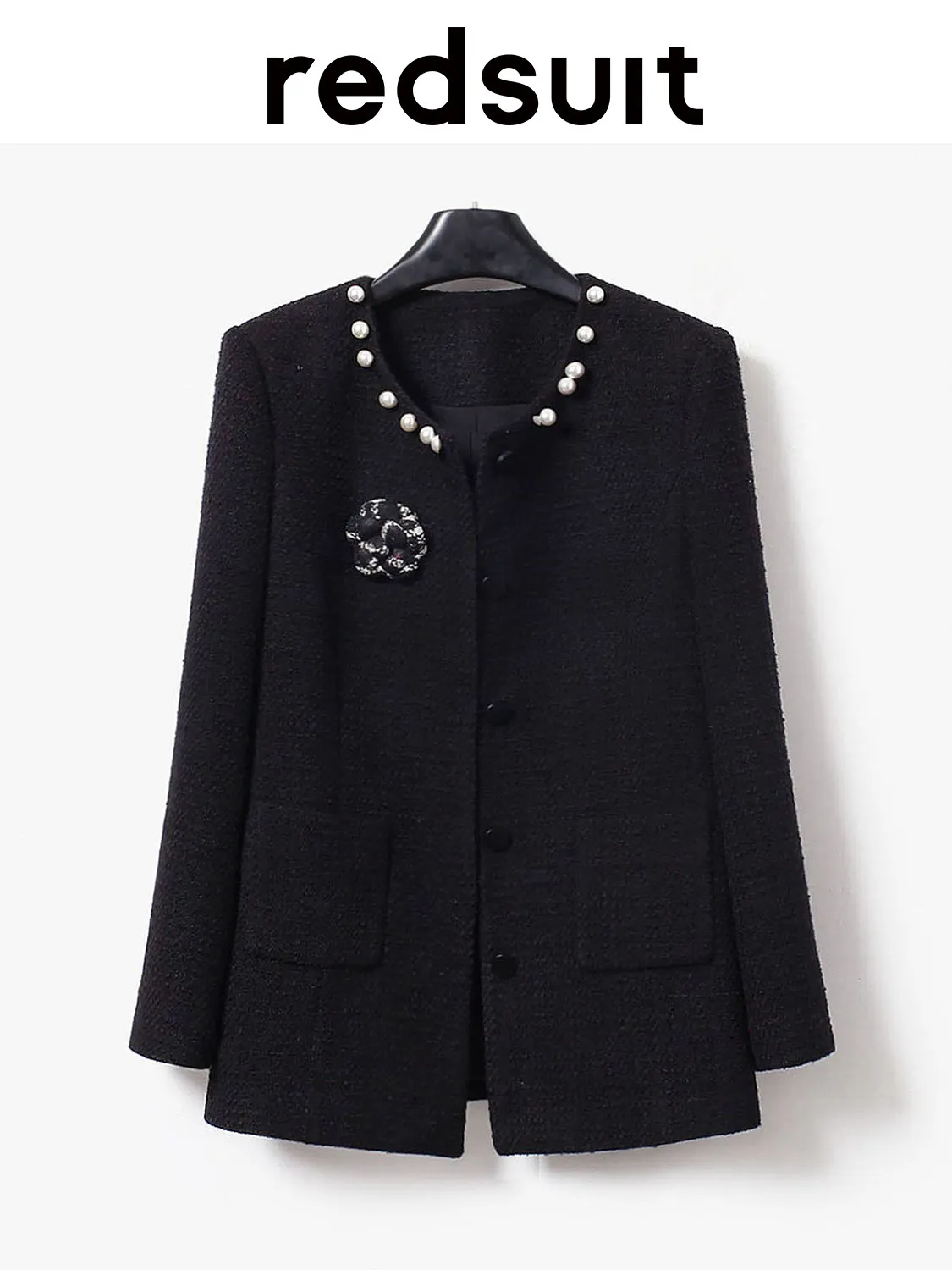 New Premium pearl collar black coarse tweed mid length jacket+half skirt set