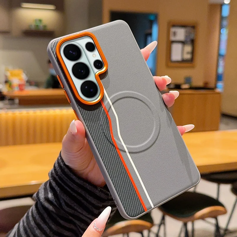 

For Samsung Galaxy S26 Ultra , S26 Plus Magnetic Case ELVEV Shockproof Two-Lines PU Leather Hard PC Suction Phone Cover