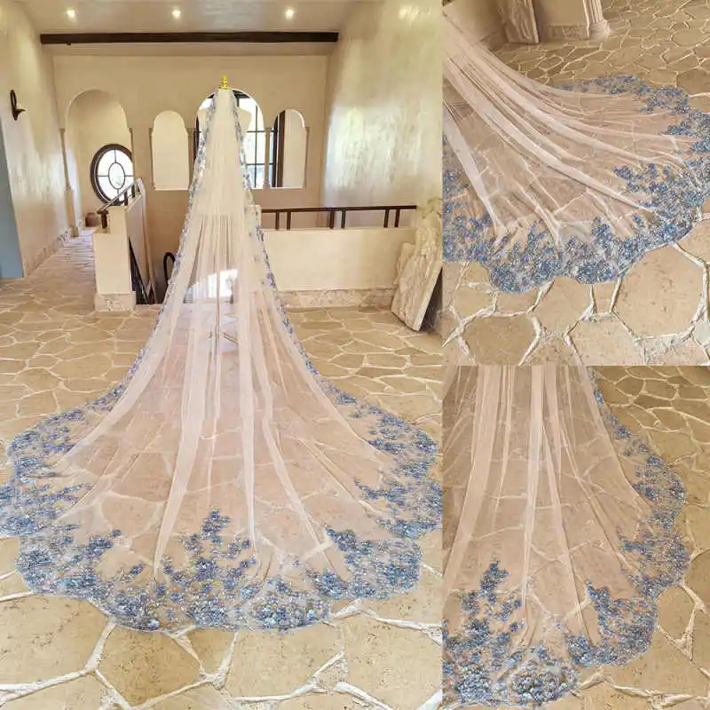 

Изысканные аппликации, свадебная фата, 3D цветы, жемчуг, длина собора, фата, один слой, длинные аксессуары для невесты по индивидуальному заказу