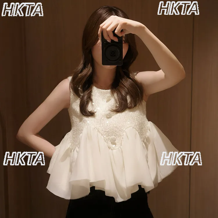 Japanese Elegance Temperament Sequined Multi Layer Tulled Ruffled Irregular Tops Ladies Summer Loose Sleeveless Shirt Vest Women
