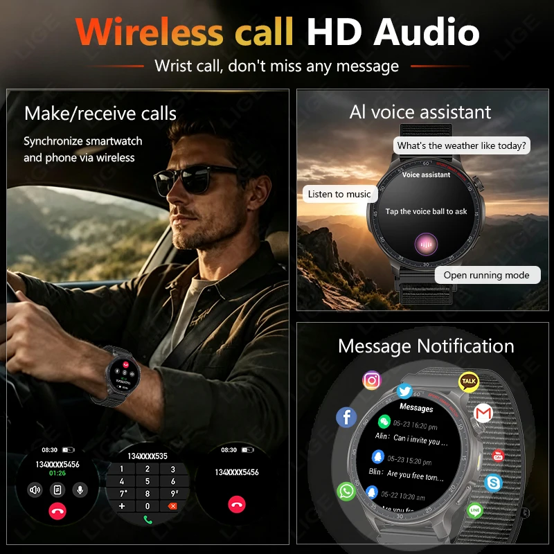 LIGE Militray 1000mAh High-Capacity Battery Smart Watches 1.46 inch HD BT Call Heart Rate Monitor Men Smartwatch For Android ios