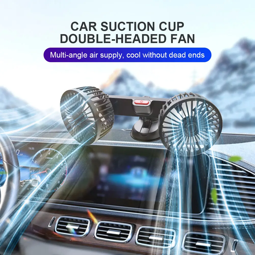 USB 5V Vehicle Mounted Fan Dual Head Car Suction Cup Fan 360 Degree Rotation Adjustable 3 Speeds for Dashboard RV Truck