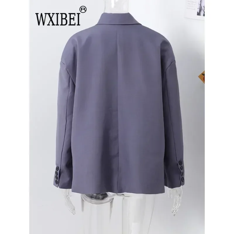 Casual Blazer Coat Women Oversized Double Button Notched Side Slit Jacket Female 2024 Autumn Office Shoulder Pads Lady Tops