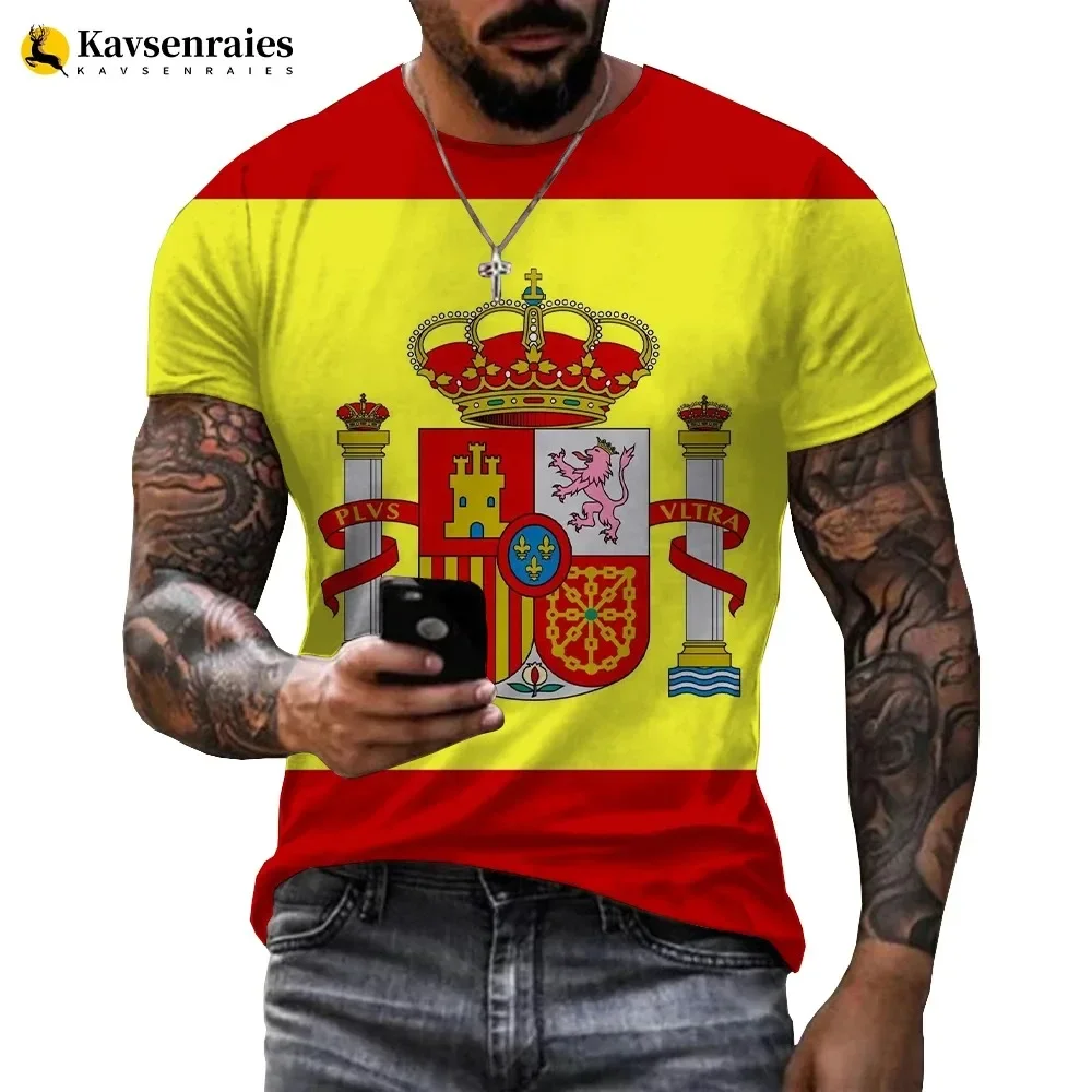 Spanish Flag 3D printed T-shirt, men\'s summer casual fashion fitness lightweight breathable quick-drying jersey, Asian sizes