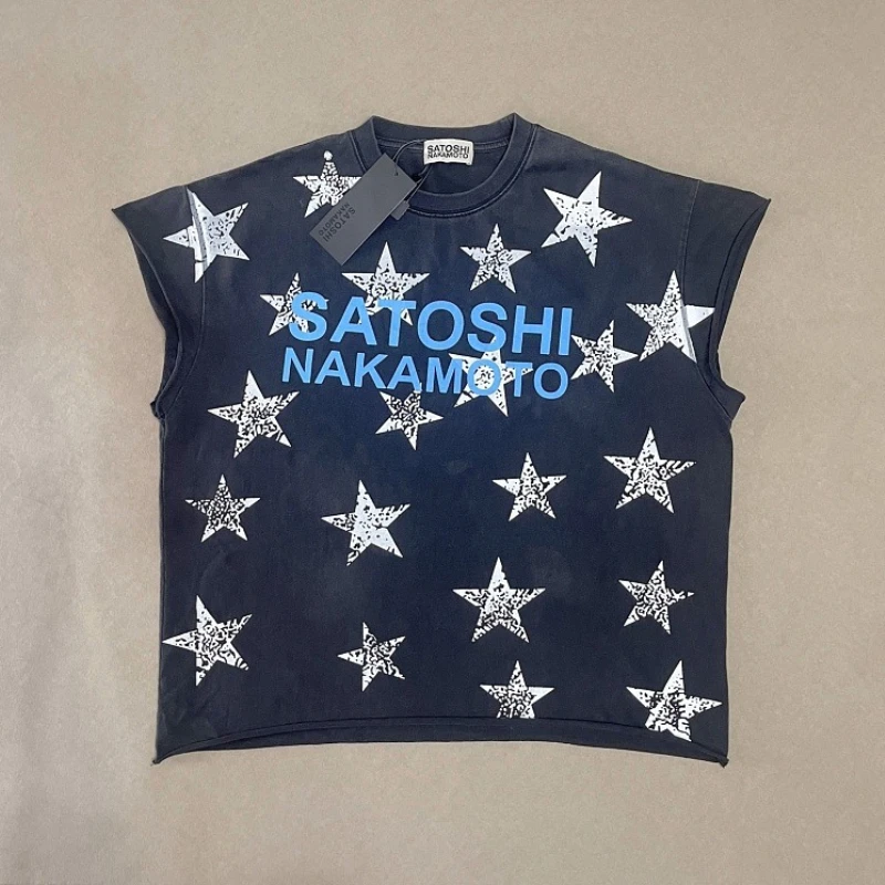 Men Women Satoshi Sleeveless Tank Top Render Hole Design High Quality Black Blue Lovers T‑shirt Star Print