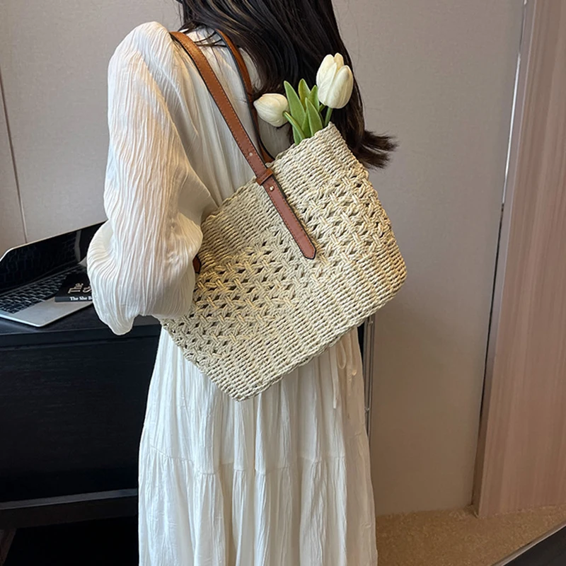 Designer Casual Rattan Wicker Tote Bag Große Kapazität Gewebt frauen Sommer Strand Stroh Handtasche Dame Reise Großen Korb – Detail 8