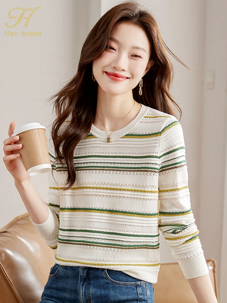 H Han Queen 2024 Spring Autumn Women\'s Sweater Elegant Stripe Long Sleeve Office Vintage Pullovers Loose Casual Women\'s Clothing