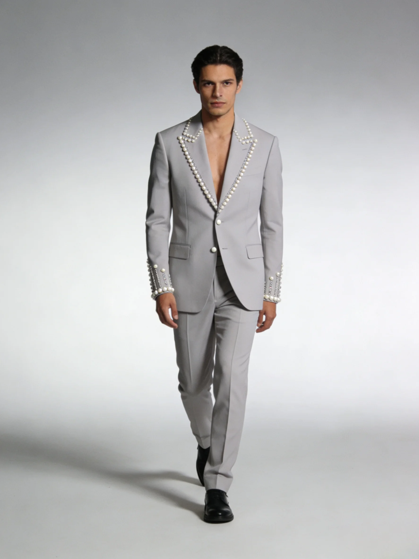

Crystals Pearls Grey Men Suit Set 2 Pcs Blazer+Pants Trousers Cotton Formal Office Coat Wedding Tuxedo Customized Jacket Outfit
