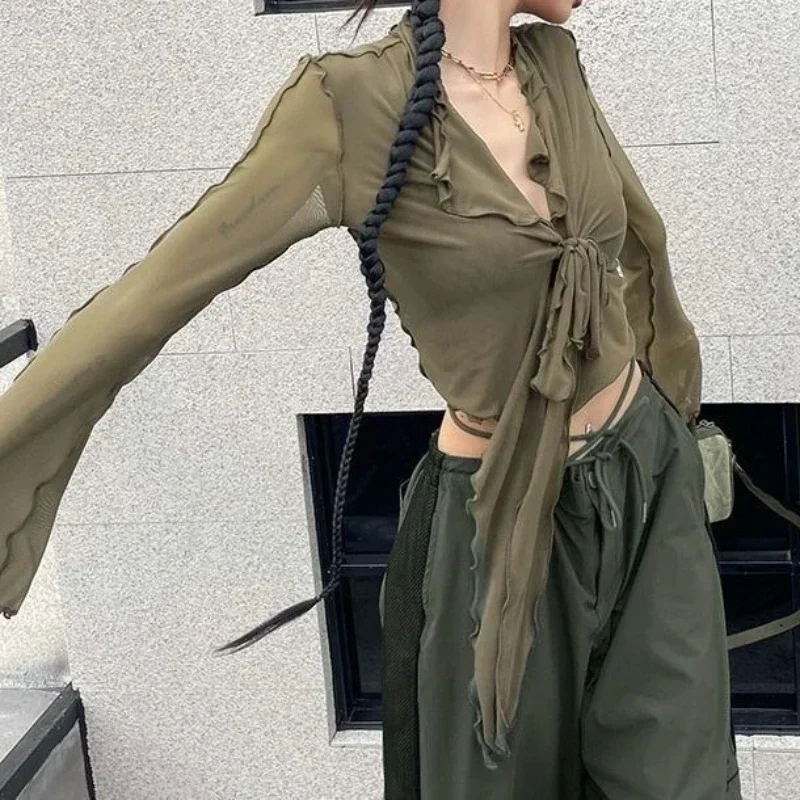 

Long Flare Sleeve Sexy Sweet Hot Girls Korean Blouses for Women Lace-up Mesh Fashion Style All-match Solid Design Elegant Casual