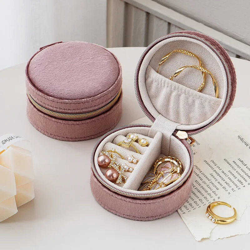 Round Velvet Jewelry Box for Travel Earrings Necklace Storage Ring Box Zipper Portable Jewelry Organizer Box