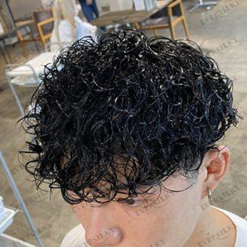 Black Man Breathable Virgin Human Hair 20mm Curly Full Swiss Lace Base Men Toupee Natural Hairline Durable Brown Gray Hair Patch