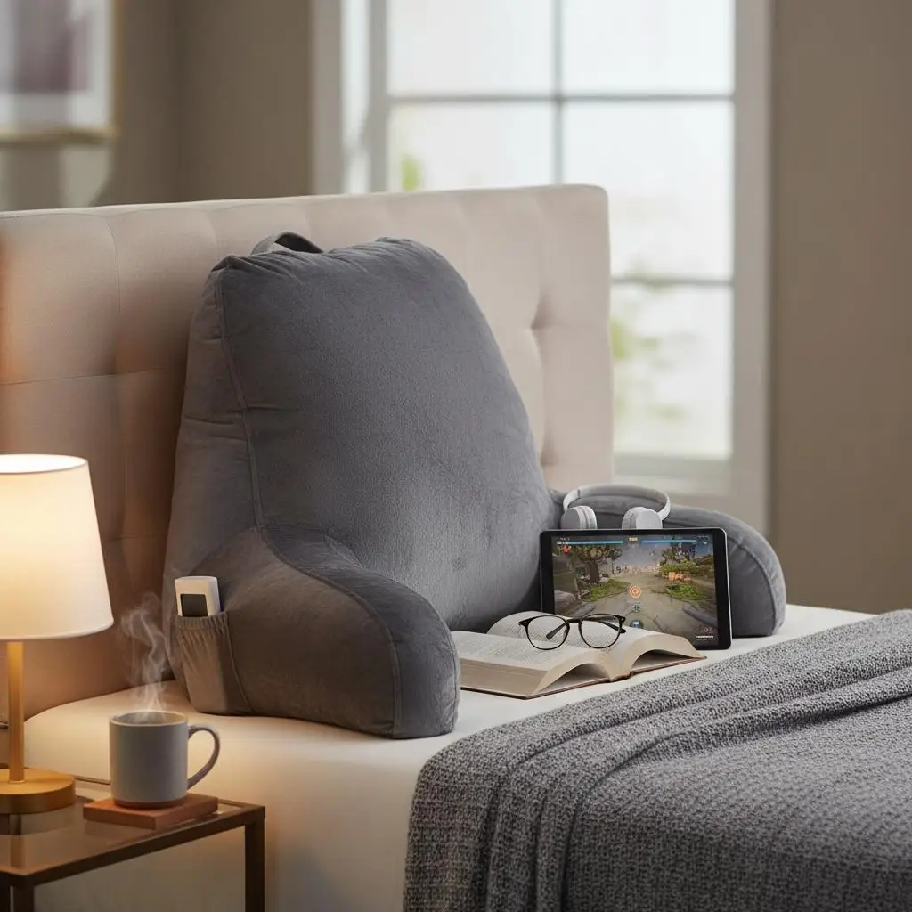 

Подушка для спинки большого размера для просмотра ТВ, чтения, игр, с наполнителем из измельченной пены с эффектом памяти, 3 кармана, моющийся коротковорсовый чехол, Top Han