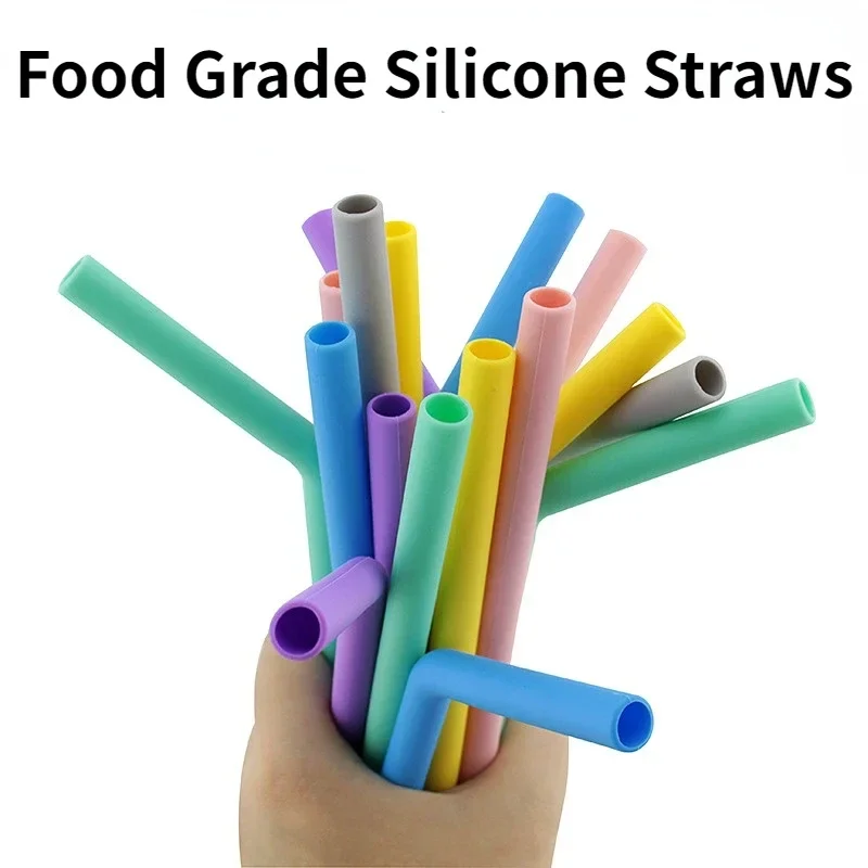 Reusable Food Grade Silicone Straws Straight Bent Drinking Straw with Cleaning Brush Set Party Bar Accessory with Box