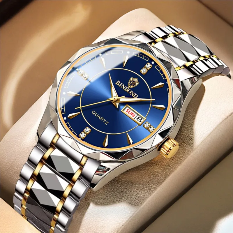 BINBOND Blue Quartz Watches Top Brand Glass Fashion Luxury Stainless Steel Waterproof Luminous Date Sports Men's Wristwatches