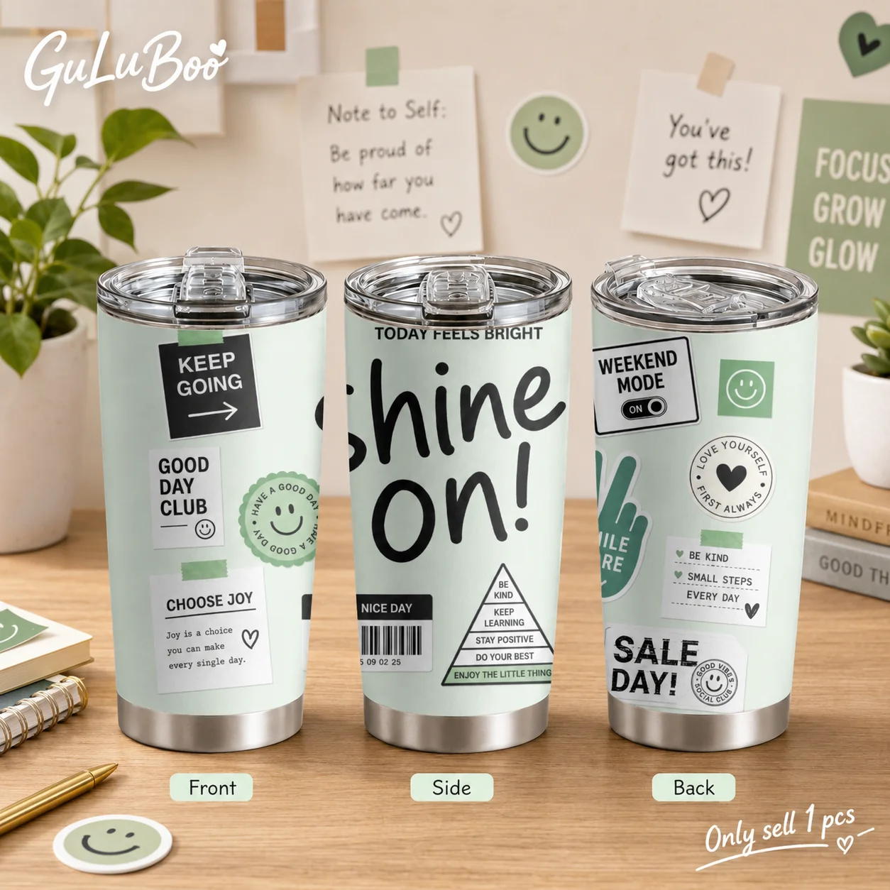 Cute Good Vibes Sticker Prints 20oz Coffee Cup With 2 Lids & Reusable Straw Stainless Steel Vacuum Insulated Travel Mug