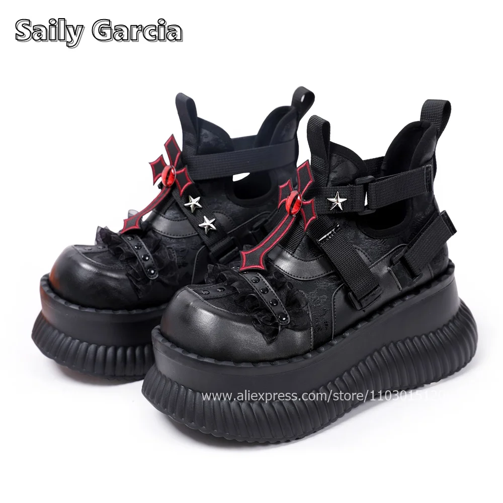 

Split Leather Punk Style Thick Sole Hook&Loop Ankle Boots Gothic Removable Patch Casual Shoes Round Toe 7CM Heel Mary Jane Shoes