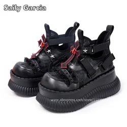 Split Leather Punk Style Thick Sole Hook&Loop Ankle Boots Gothic Removable Patch Casual Shoes Round Toe 7CM Heel Mary Jane Shoes