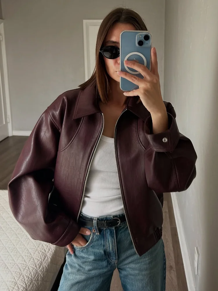 2024 Burgundy Chic Women's Lapel Leather Short Coat Vintage Zipper Front High Street Bomber Jacket New Autumn Female Outerwear ﻿