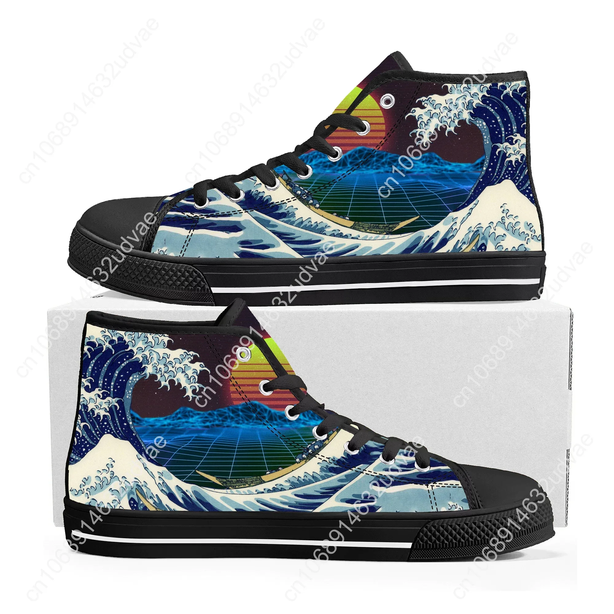 The Great Wave off Kanagawa Printmake Art High Top Sneakers para hombres y mujeres, zapatillas de lona para adolescentes, zapatos casuales para parejas, zapatos personalizados