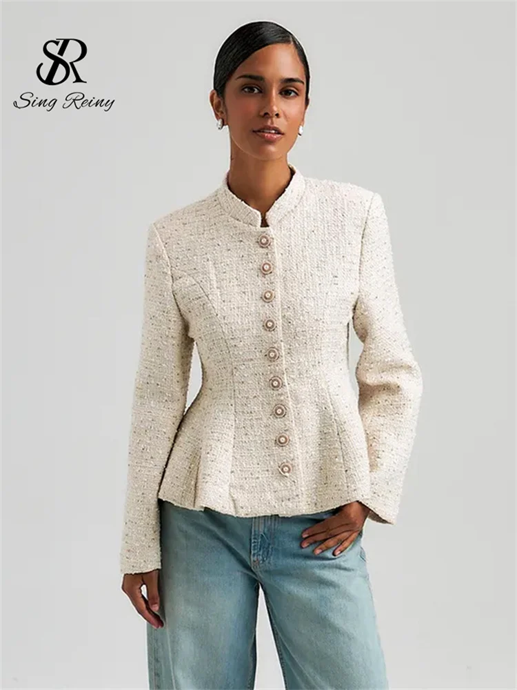 Classy Chic Commute Women Top Autumn  French Style Stand Neck Full Sleeves Blouse Classic Texture Slim Senior Coat