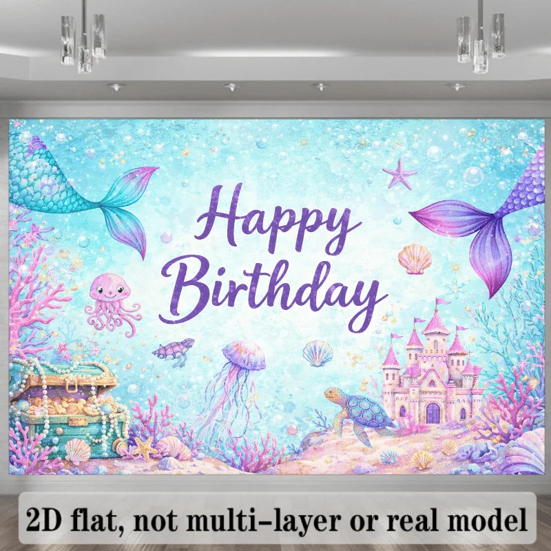 2D Flat Birthday Party Backdrop Themed Featuring Pink Text Happy Birthday Rainbows Tails Jellyfish Treasure Chests Starfish Cora