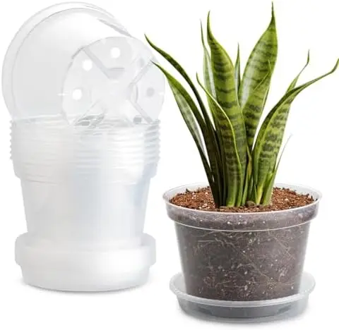 

7 Pack 8' Clear Nursery Pots with Saucers, Drainage Holes, Plastic Plant Pots for Succulents, Herbs, Vegetables