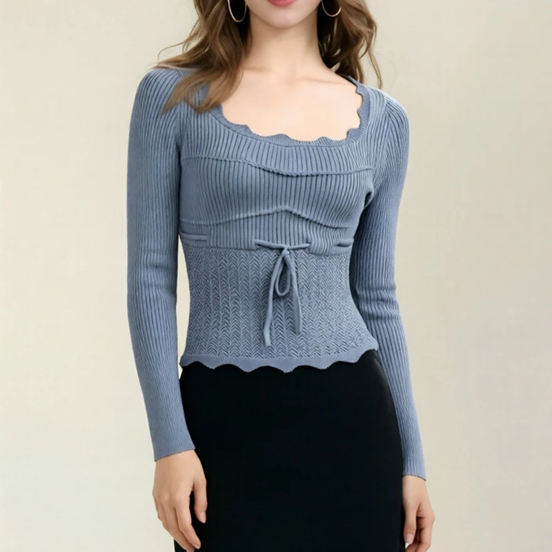 Combhasaki Women's Elegant Patchwork Solid Color Ribbed Sweaters Square Neck Slim Drawstring Bow Tied Knitwear Jumper Pullovers