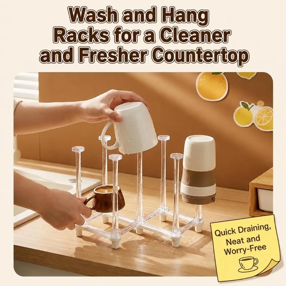New Plastic Cup Drying Rack Anti-slip Space Saving Inverted Cup Holder Countertop Organizer Cup