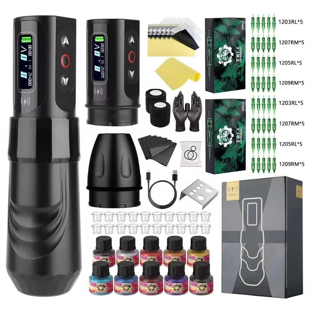 

Battery Wireless Tattoo Machine Pen Complete Kit Set With 40pcs Tattoo Cartridge Ink Accessories for Beginners