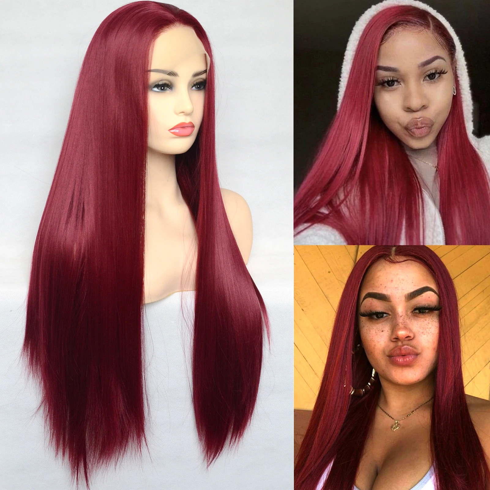 Voguebeauty Red Lace Front Wig Straight Heat Resistant Fiber Synthetic Hair Dark Red Wigs Cosplay Daily Wear for Women