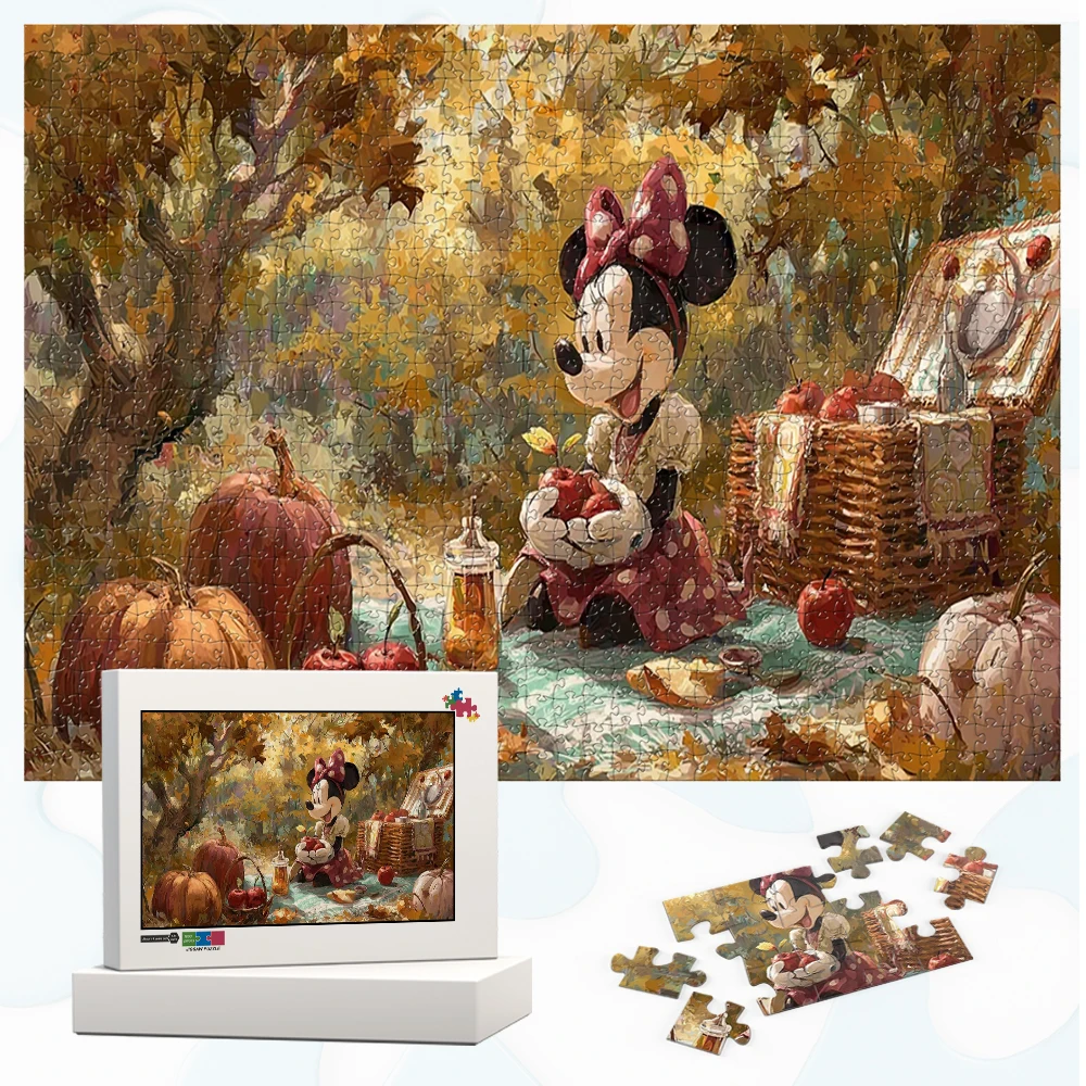 

Minnie Mouse Autumn Picnic Jigsaw Puzzles Disney Cartoons Wooden Jigsaw Puzzle Pumpkins Apples and Golden Trees Educational Toys