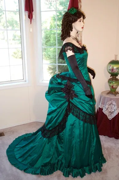 Cosplaydiy Victorian Bustle Ball Gown Green Dress Off Shoulder Medieval Renaissance Gown Costume Vintage Royal Court Dress Suit