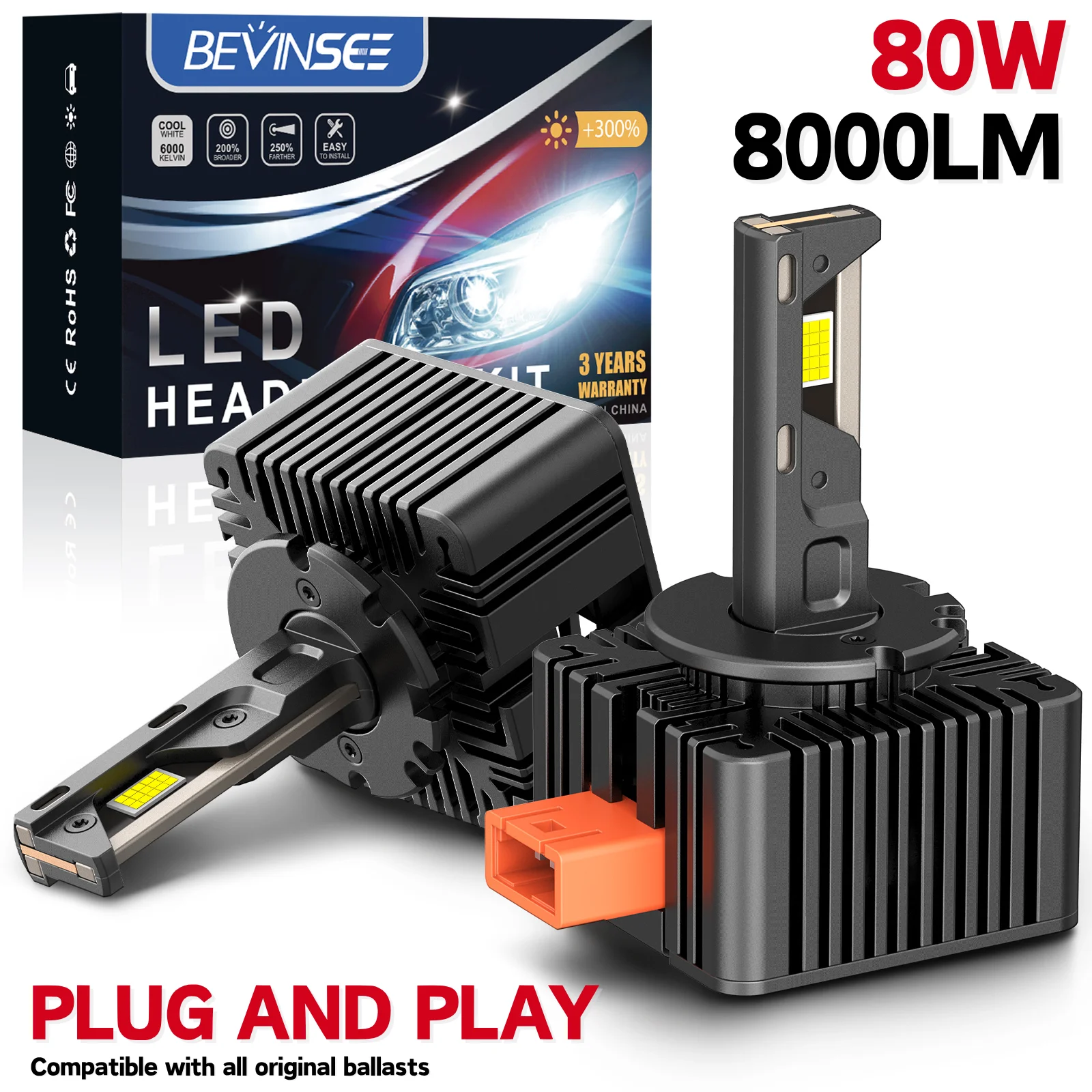 

BEVINSEE D2S D1S D3S LED CANBUS для балласта D2R D1R D3R Светодиодные фонари 80 Вт 8000LM 6000K Plug&Play D5S Светодиодные автомобильные фары Turbofan 12 В