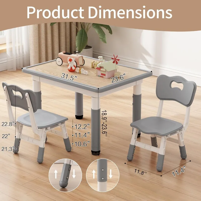 Kids Table and Chiar Set, Height Adjustable Toddler Table and Chair Set for Ages 2-10,Grey-01