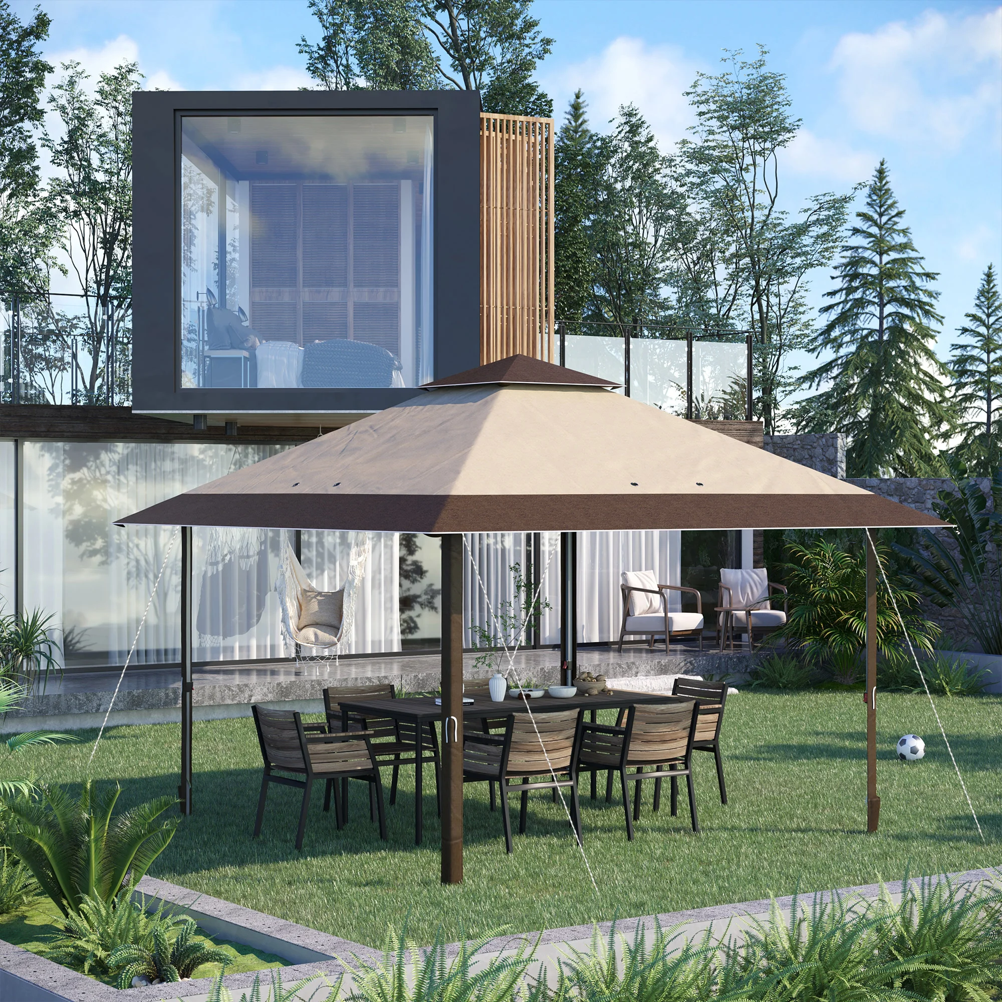 Tenda pieghevole Outsunny 3,85x3,85 m con doppio tetto kaki e caffè