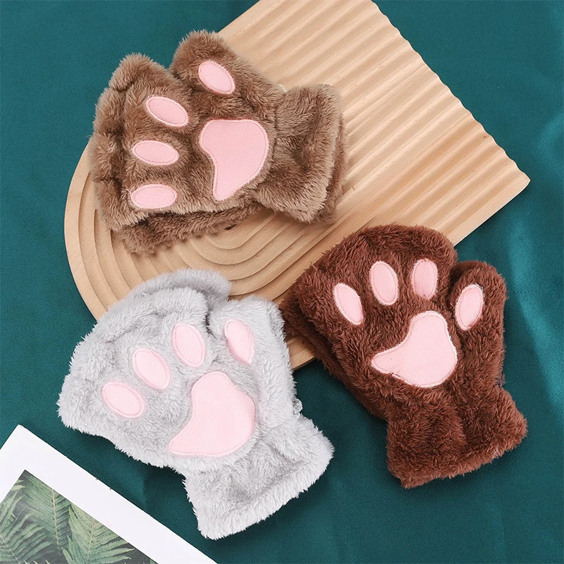 Women Cute Cat Claw Paw Plush Mittens Warm Soft Plush Short Fingerless Fluffy Bear Cat Gloves Costume Half Finger Party Gift