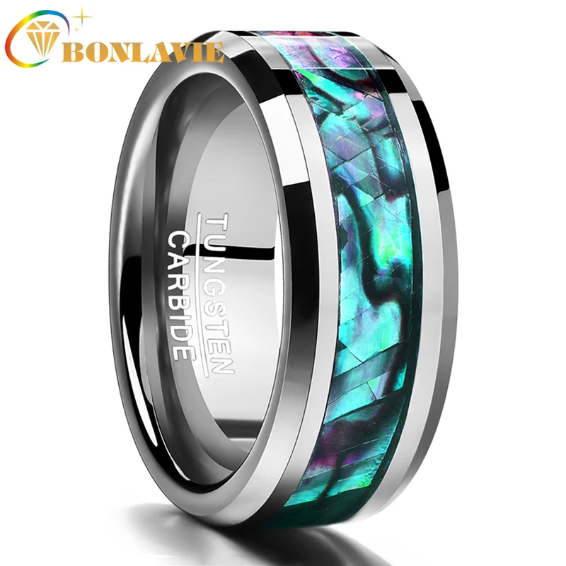 BONLAVIE 8mm Tungsten Carbide Ring Abalone Shell Beveled Steel Wedding Jewelry US Size Fine Men Jewelry Valentine Gift