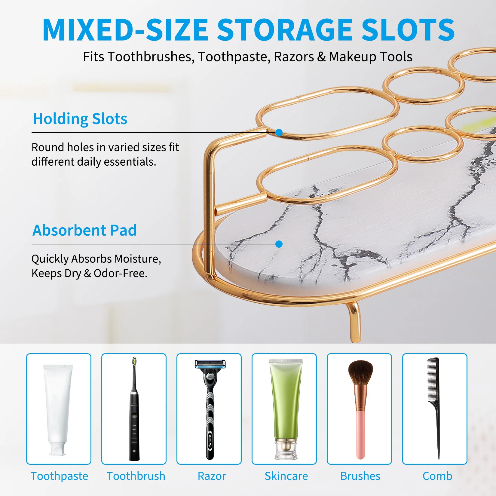 Bathroom Toothbrush Holder Stand, Gold Metal Toothpaste Organizer with Diatomite Base, Multi-Slot Countertop Storage Rack for Electric Toothbrush, Toothpaste, Razor and Makeup Tools
