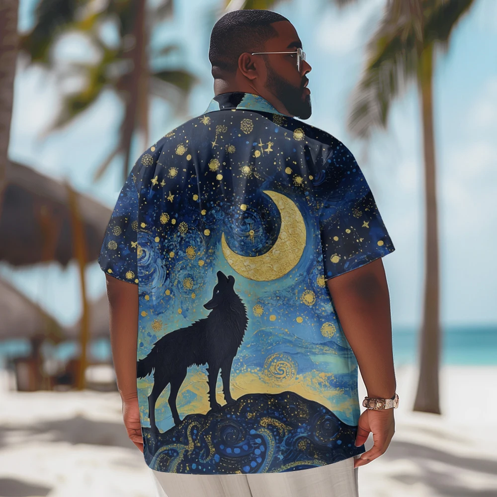 New Hawaiian Goth Men Shirt for Men Starry Night Wolf Printed Casual Short Sleeve Tops Vintage Plus Size Summer Shirts