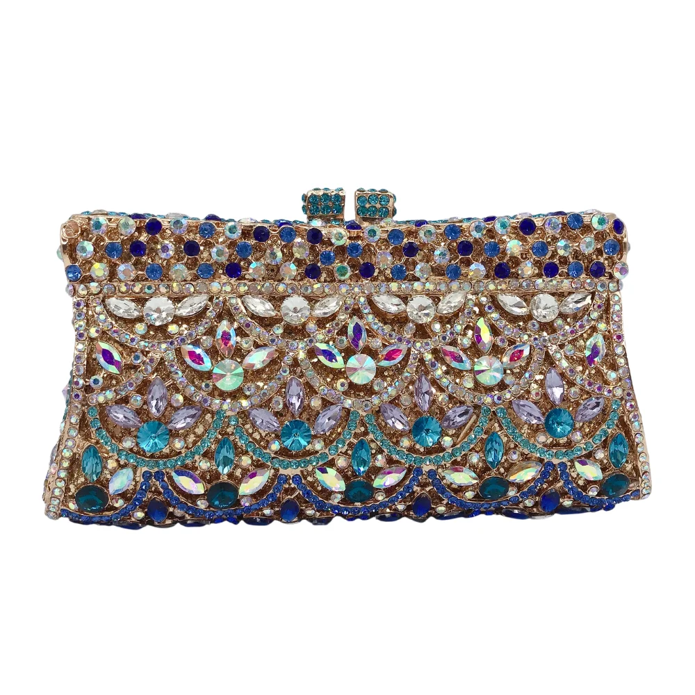 

Chain Custom Fish Scale Blue Hollow Out Crystal Wedding Bridal Metal Handbag Party Purse