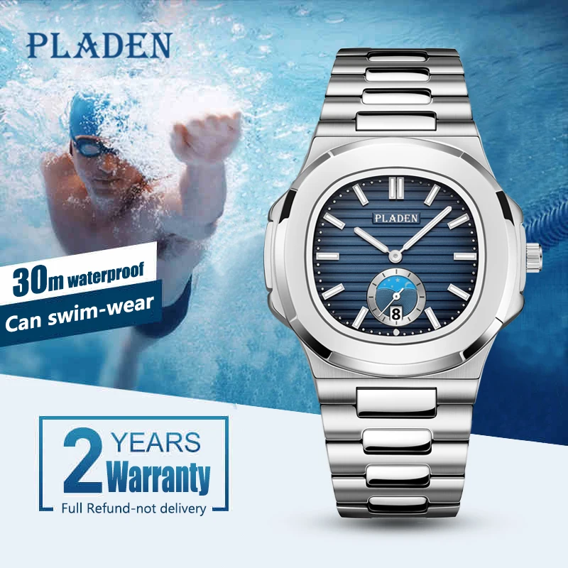 【With Leather Box】PLADEN Men Quartz Watches Steel Rectangular Classic Husband Watch Waterproof Calendar Relogio Masculino New