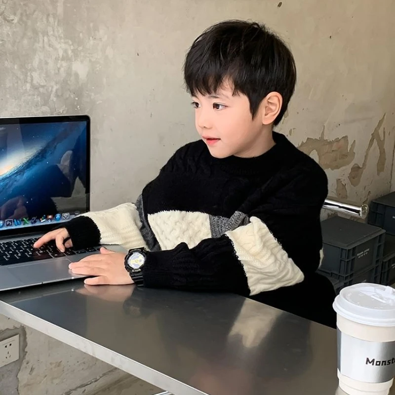 Boys Striped Color Block Knit Sweater Thick Warm Pullover Top Korean Style Fall Winter Kids Fashion Jumper
