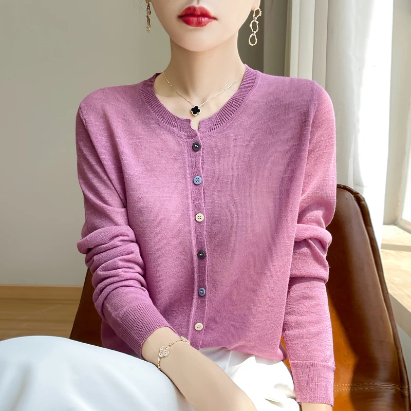 Ice Silk Round Neck Transparent Thin Women\'s Summer Long sleeved Loose Fashion Korean Solid Color Cardigan Top T-Shirt