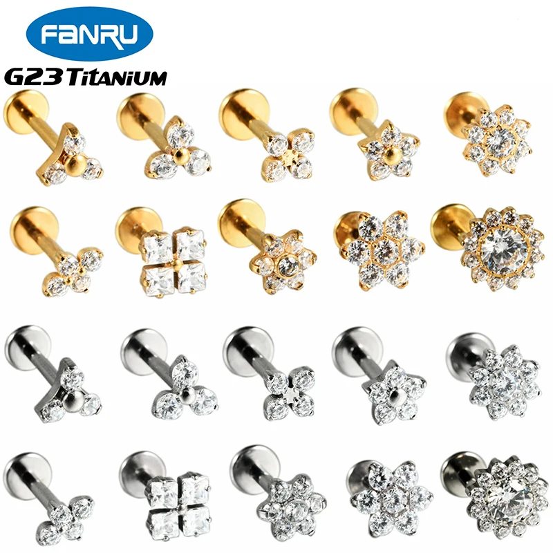 1PC ASTM F136 G23 Titanium Flower Zircon Earring Stud Internally Threaded Labret Ear Lip Tragus Helix Cartilage Piercing Jewelry
