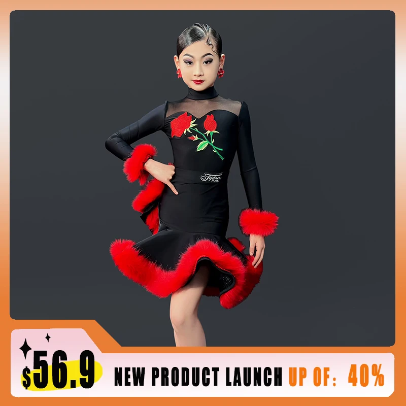 

Children Latin Dance Competition Costume Girl Group Dance Performance Clothing Girl's Samba Black Modern Dancewear Suit VBH1180
