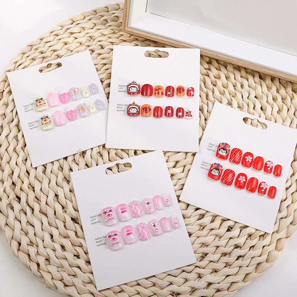 12Pcs/set Lion Dance Children New Year False Nails Full Cover Nail Art Tips Short Square Shaped Kids Cartoon Fake Nails