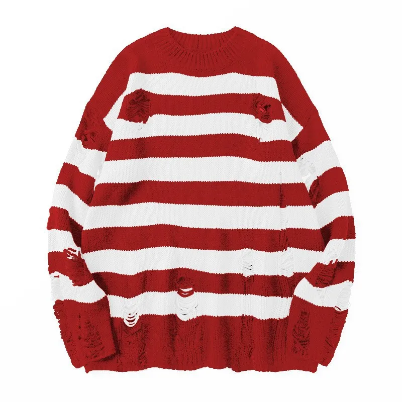 2023 Striped Sweaters Punk Unisex Sweater Autumn Hollow Out Hole Broken Jumper Loose Oversized Pullouvers Harajuku Streetwear