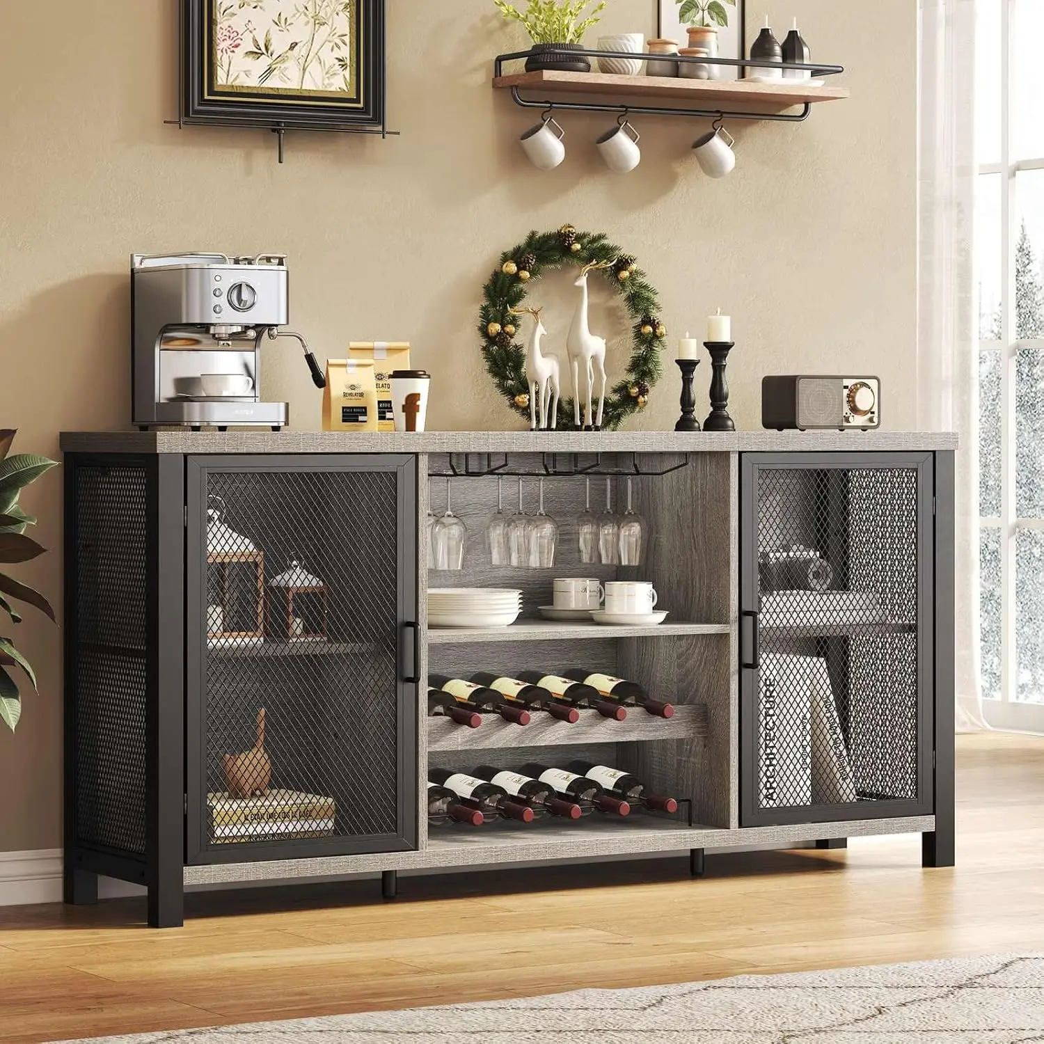 

Industrial Coffee Bar Cabinet, Sideboard Buffet Cabinet for Liquor and Glasses, Rustic Wine Bar Cabinet with Storage R